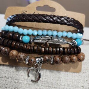 Nwt Womens Brown and Blue leather & Beaded Bracelet Set